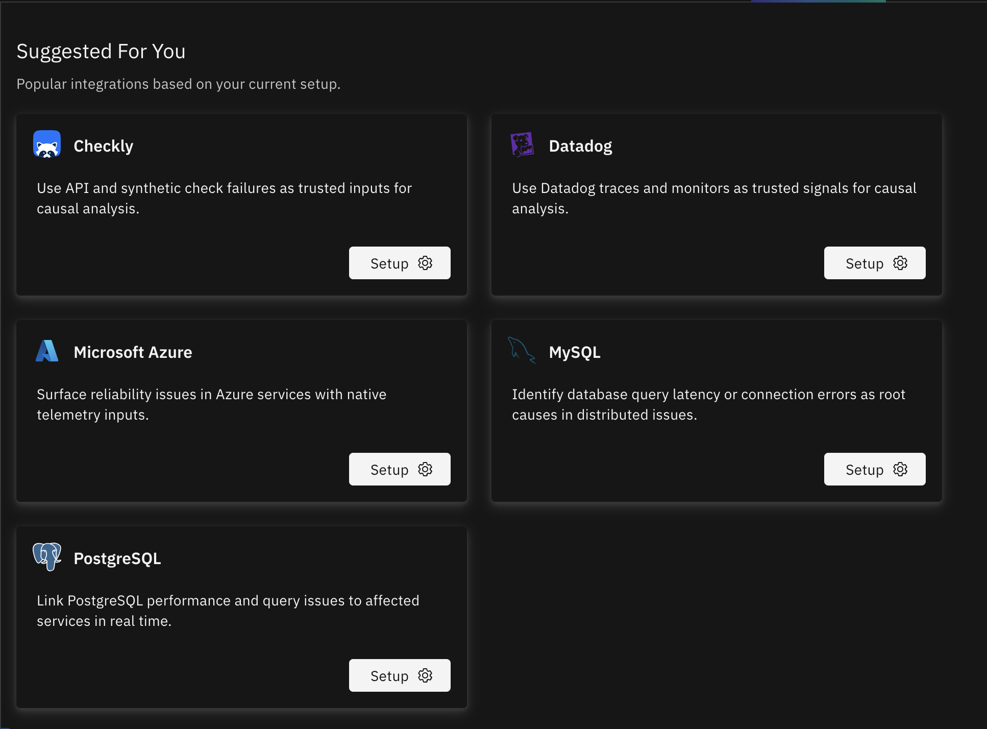 Suggested integrations showing recommended data sources