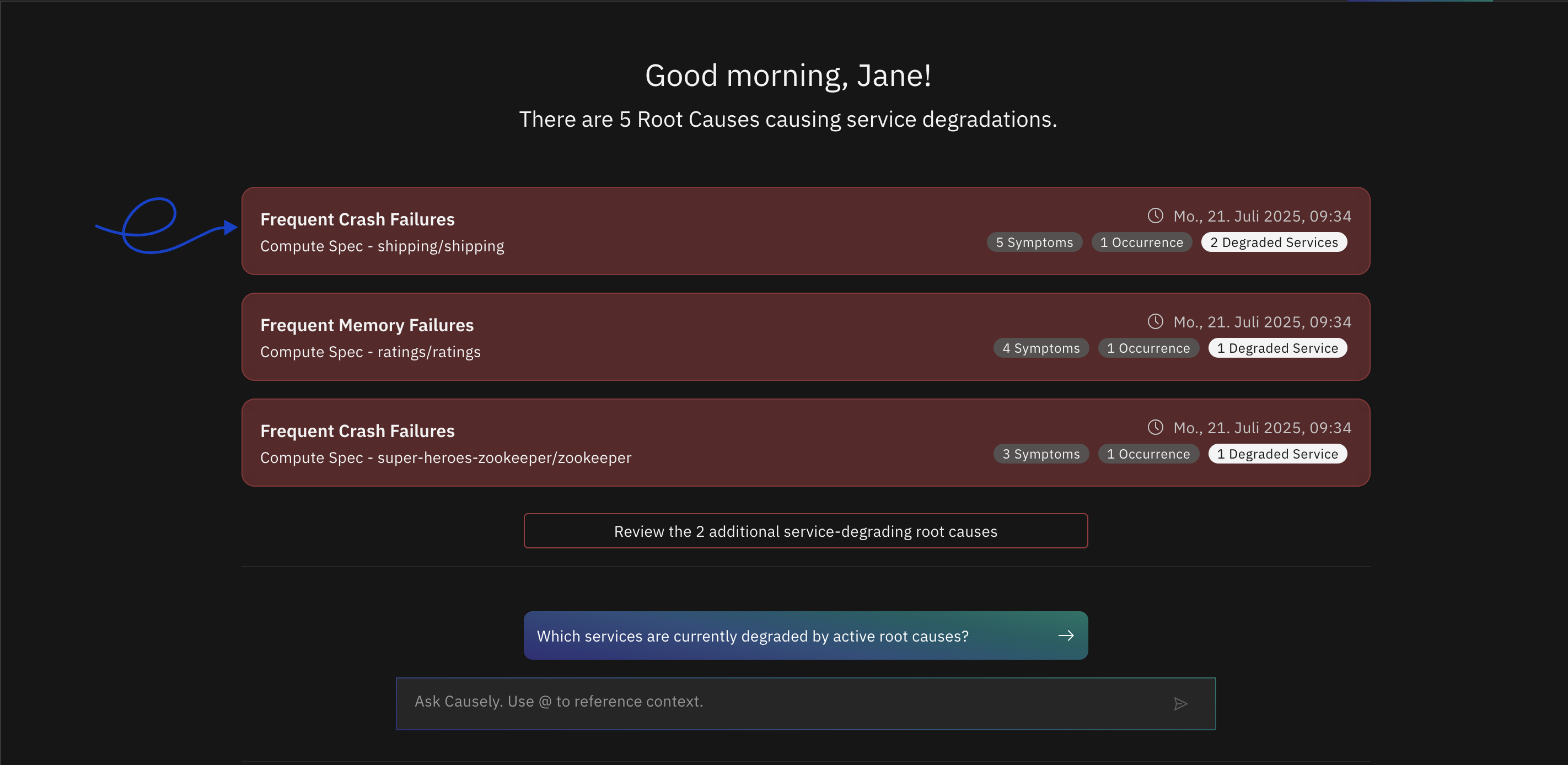 Causely sandbox welcome screen with root cause headlines