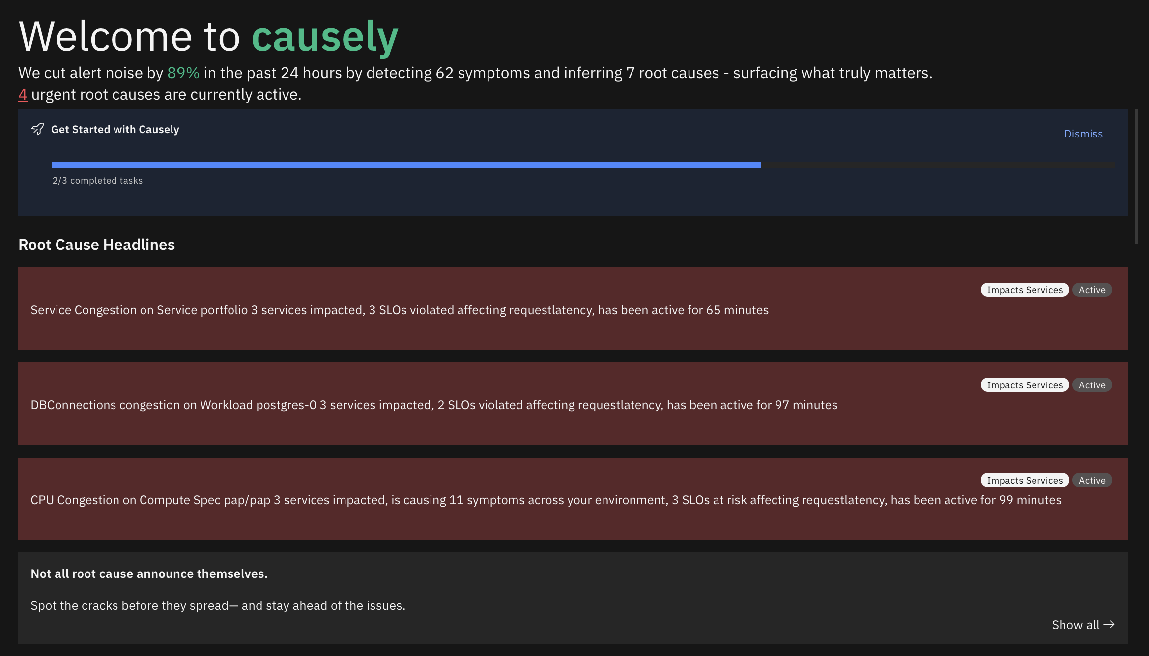 Causely sandbox welcome screen with root cause headlines